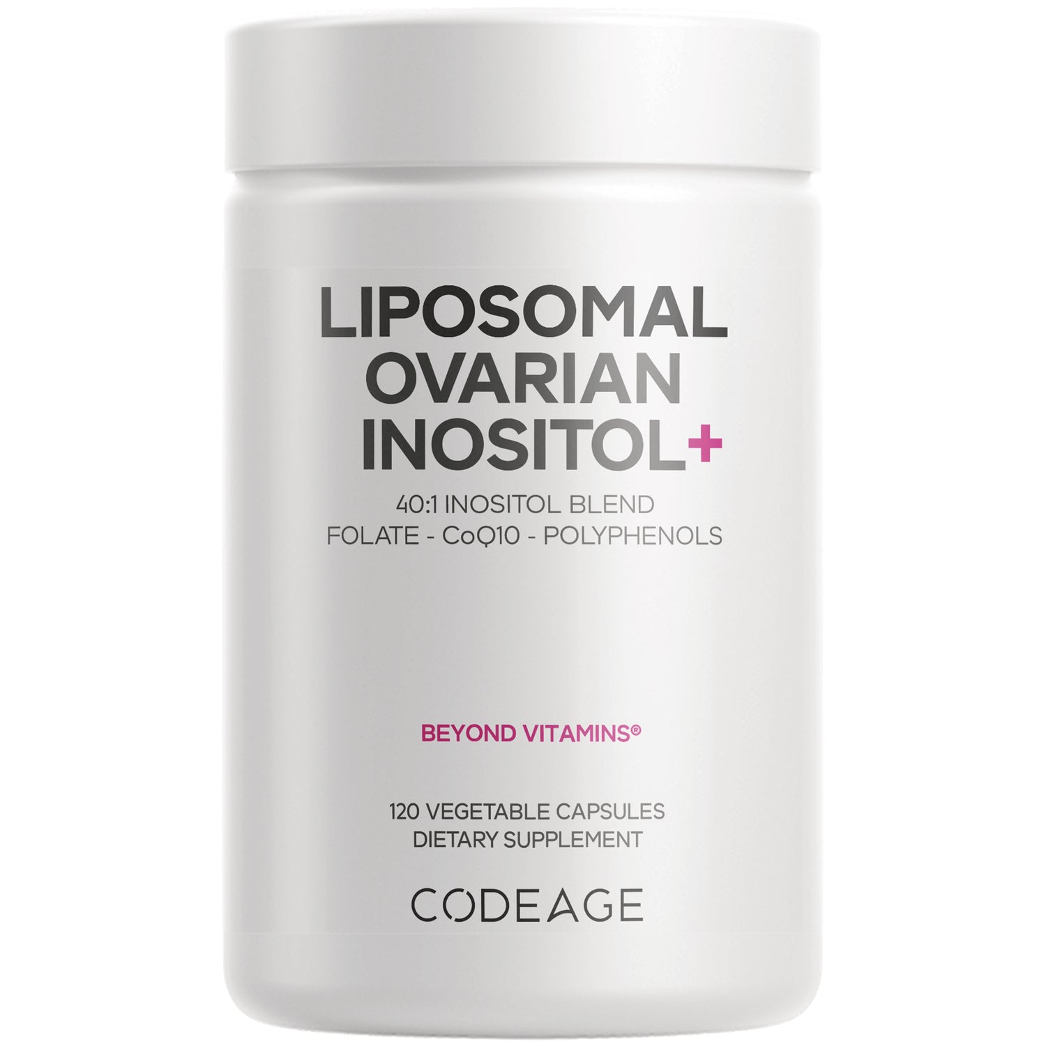 CDG045 | White Codeage bottle labeled LIPOSOMAL OVARIAN INOSITOL, BEYOND VITAMINS, 120 vegetable capsules