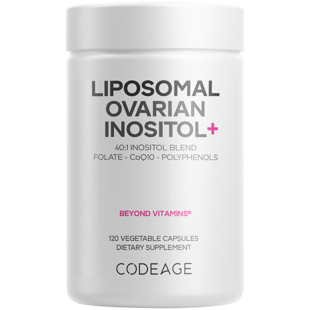 CDG045 | White Codeage bottle labeled LIPOSOMAL OVARIAN INOSITOL, BEYOND VITAMINS, 120 vegetable capsules - Thumbnail