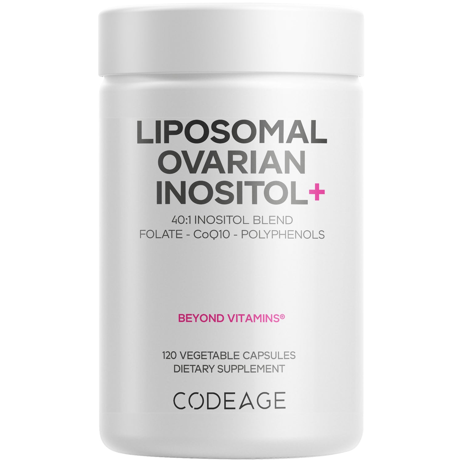 CDG045 | White Codeage bottle labeled LIPOSOMAL OVARIAN INOSITOL, BEYOND VITAMINS, 120 vegetable capsules
