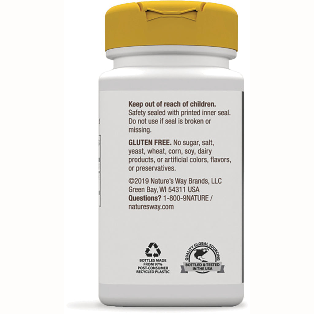 NW363 | back label of white supplement bottle with safety warnings, gluten free claim, contact info and recycling icons - Thumbnail