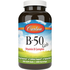 CSN311 | Carlson B-50 Gels vitamin B complex bottle front label showing 200 soft gels