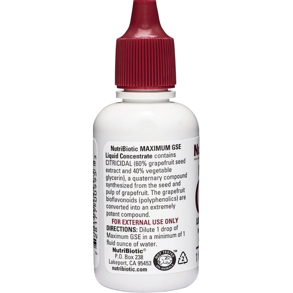 NUB016 | back of white plastic bottle with red dropper cap showing NutriBiotic MAXIMUM GSE label with directions and FOR EXTERNAL USE ONLY warning - Thumbnail