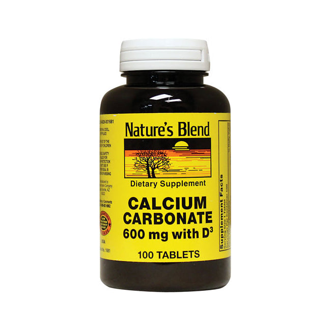 NAB025 | Nature's Blend Calcium Carbonate 600 mg with D3 supplement bottle, 100 tablets