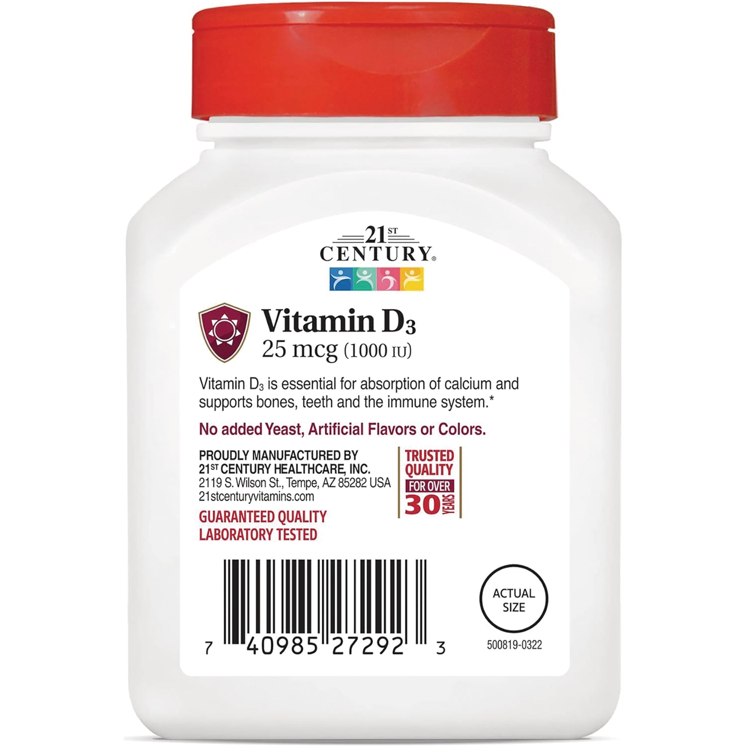 CNT202 | bottle label for Vitamin D3 25 mcg (1000 IU) showing product name No added Yeast, Artificial Flavors or Colors barcode and actual size circle