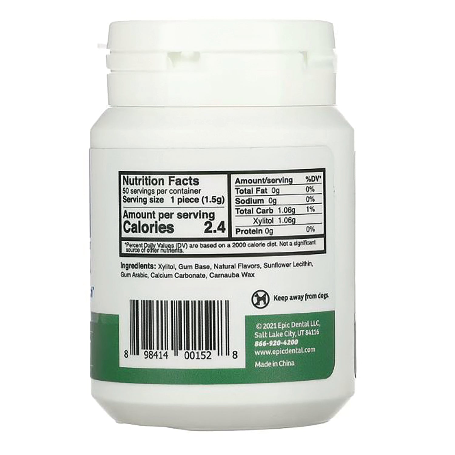 EPI012 | Back label showing Nutrition Facts panel, ingredients list, and barcode on white bottle
