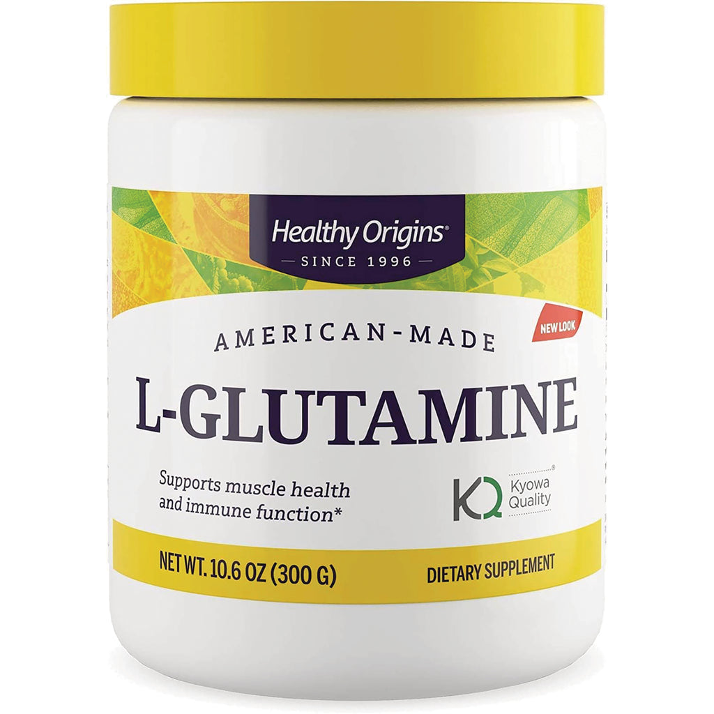 HRG185 | Healthy Origins L-Glutamine powder jar, 10.6 oz (300 g), white container with yellow lid - Thumbnail