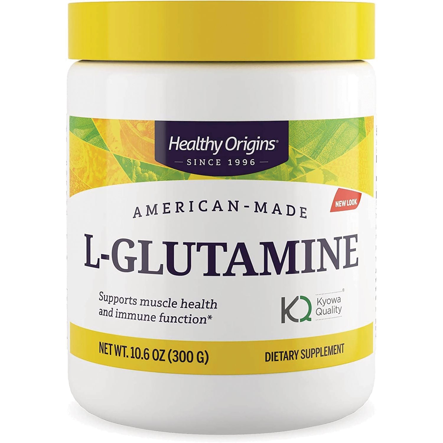 HRG185 | Healthy Origins L-Glutamine powder jar, 10.6 oz (300 g), white container with yellow lid