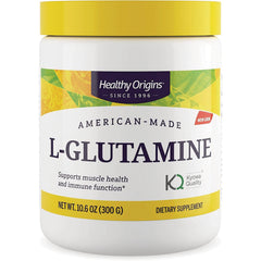 HRG185 | Healthy Origins L-Glutamine powder jar, 10.6 oz (300 g), white container with yellow lid