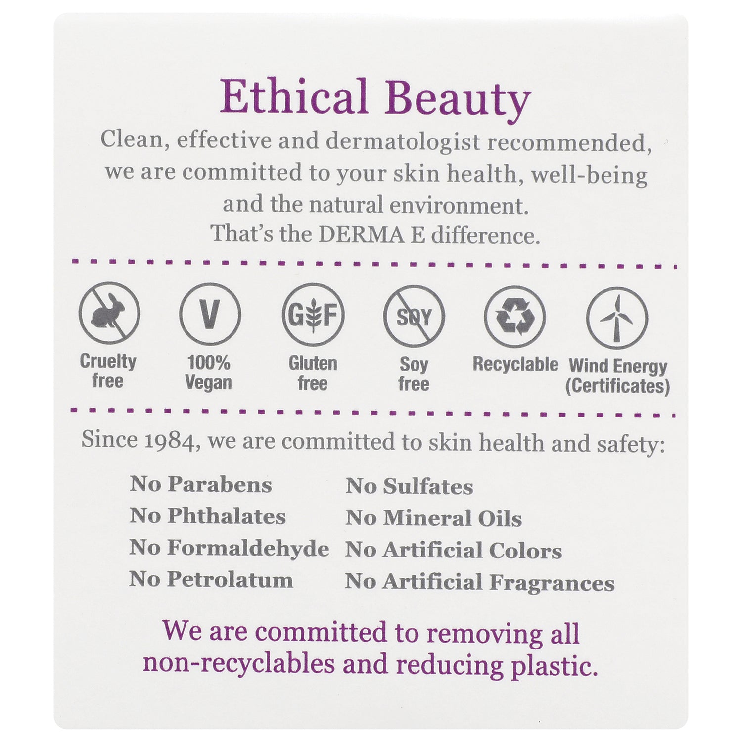 DE008 | Back of box titled Ethical Beauty with icons for cruelty free, 100% vegan, gluten free, recyclable and a list of no parabens, no sulfates