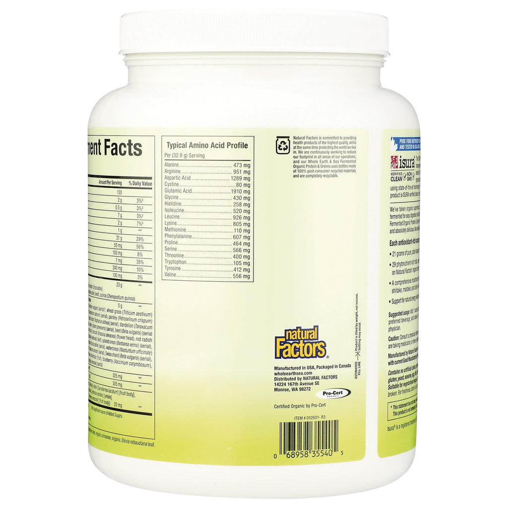 NFC194 | Back label of Natural Factors supplement jar showing nutrition facts, amino acid profile and barcode - Thumbnail