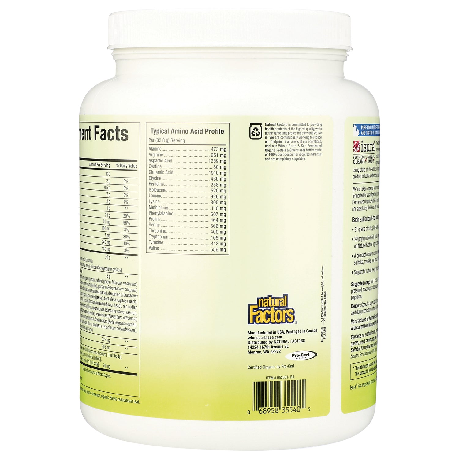 NFC194 | Back label of Natural Factors supplement jar showing nutrition facts, amino acid profile and barcode
