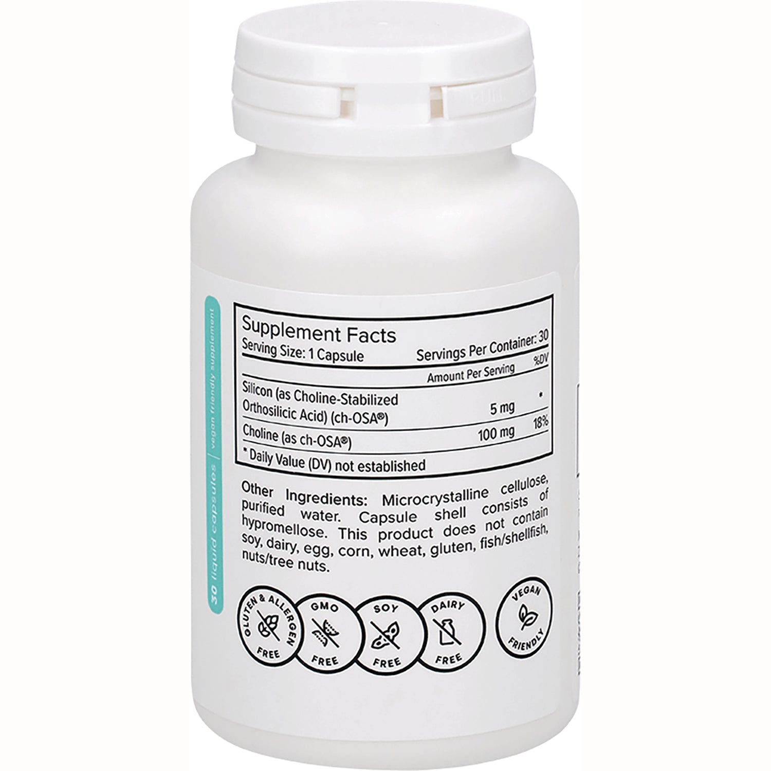 NFC207 | Back of white supplement bottle showing Supplement Facts panel, ingredients text, and allergen icons