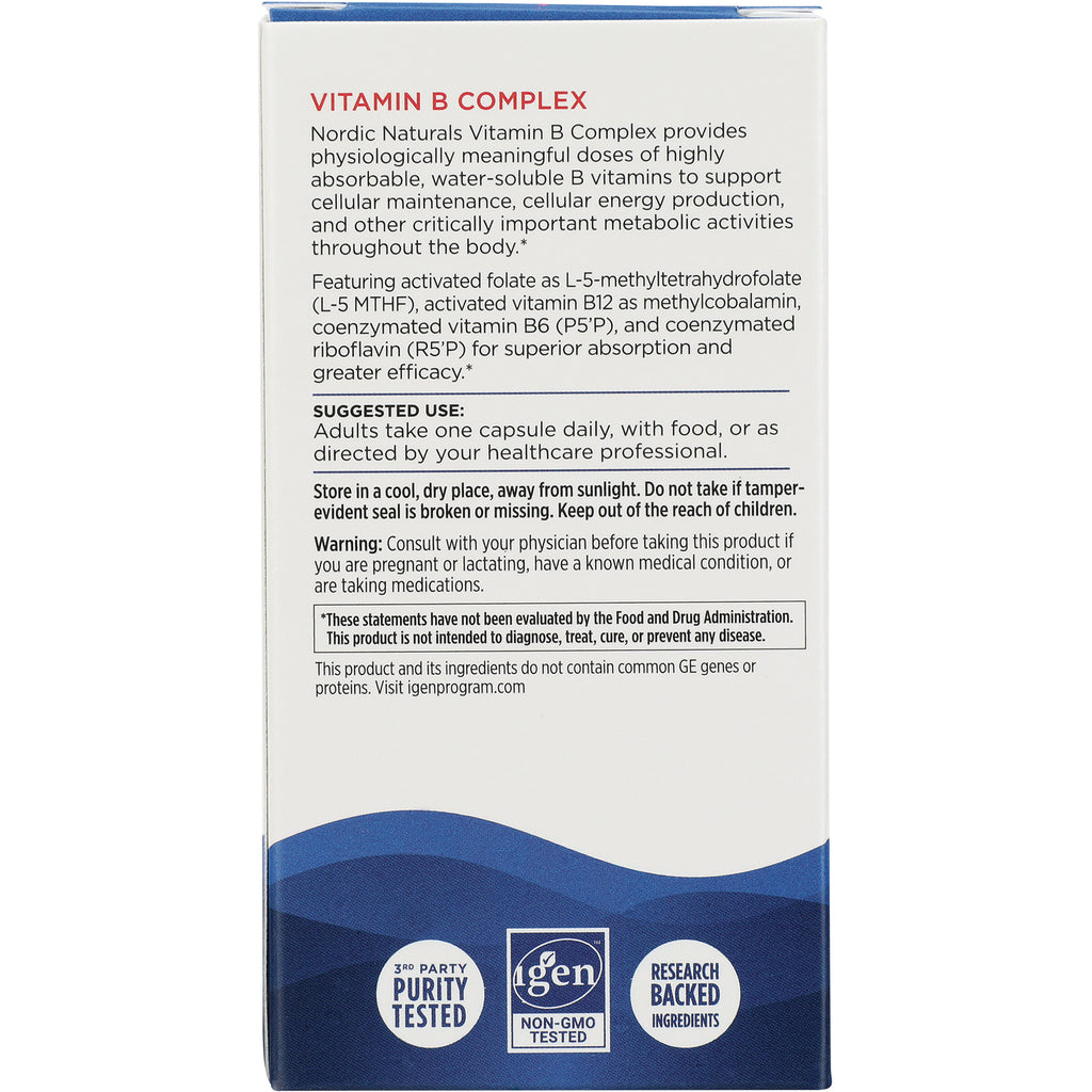 NRN099 | Back of Nordic Naturals Vitamin B Complex box showing suggested use, warnings, and icons labeled PURITY TESTED NON-GMO TESTED - Thumbnail