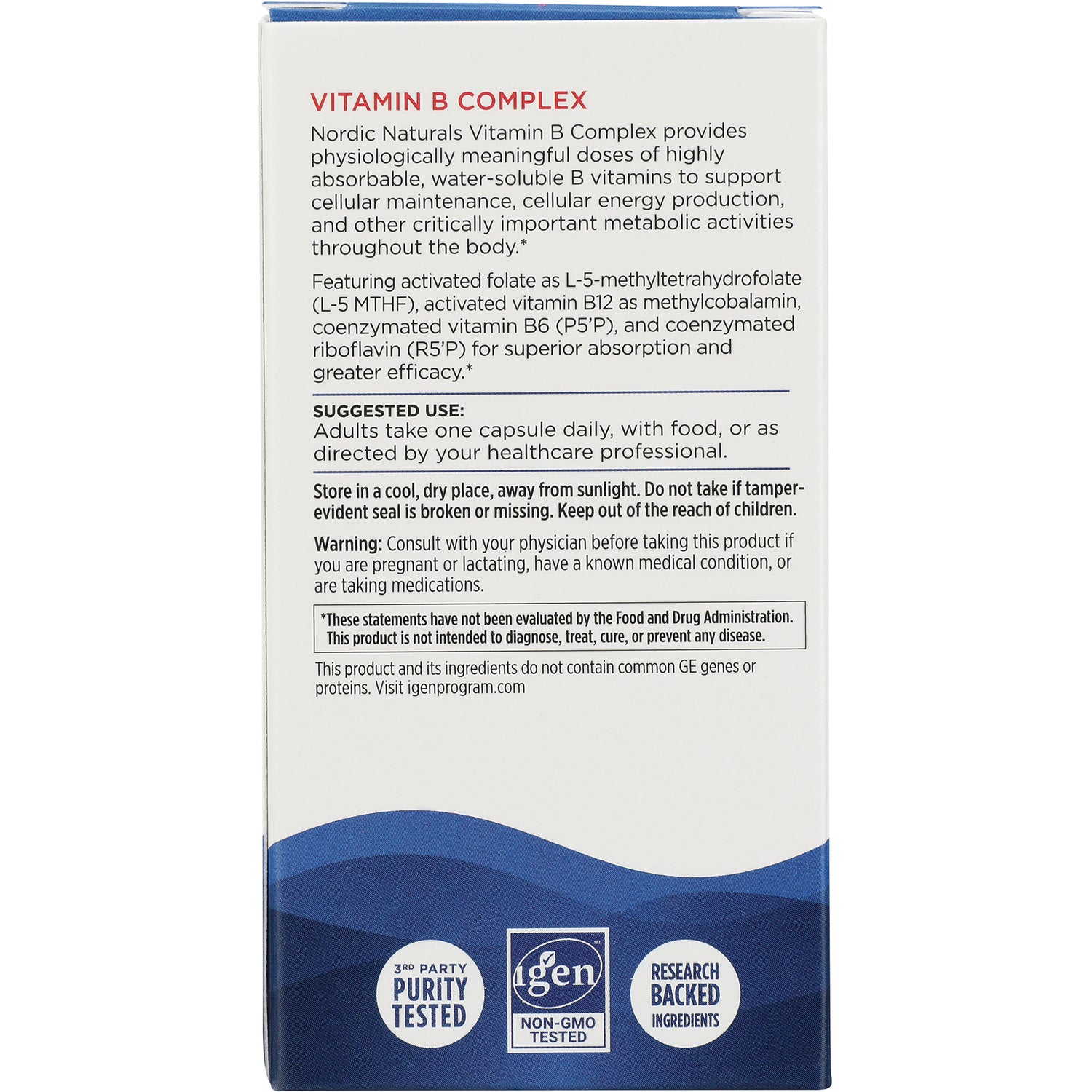NRN099 | Back of Nordic Naturals Vitamin B Complex box showing suggested use, warnings, and icons labeled PURITY TESTED NON-GMO TESTED