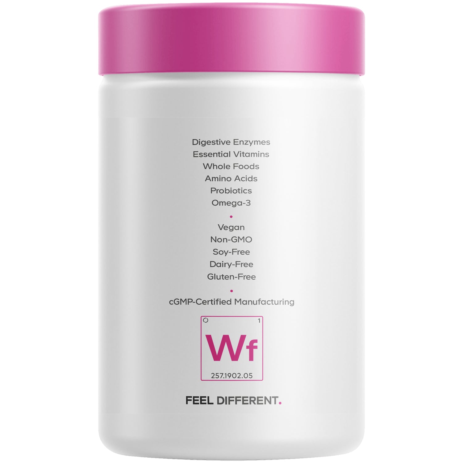 CDG016 | Back label of white supplement jar listing Digestive Enzymes, Essential Vitamins, Whole Foods, Vegan, Non-GMO, Gluten-Free, cGMP-Certified Manufacturing