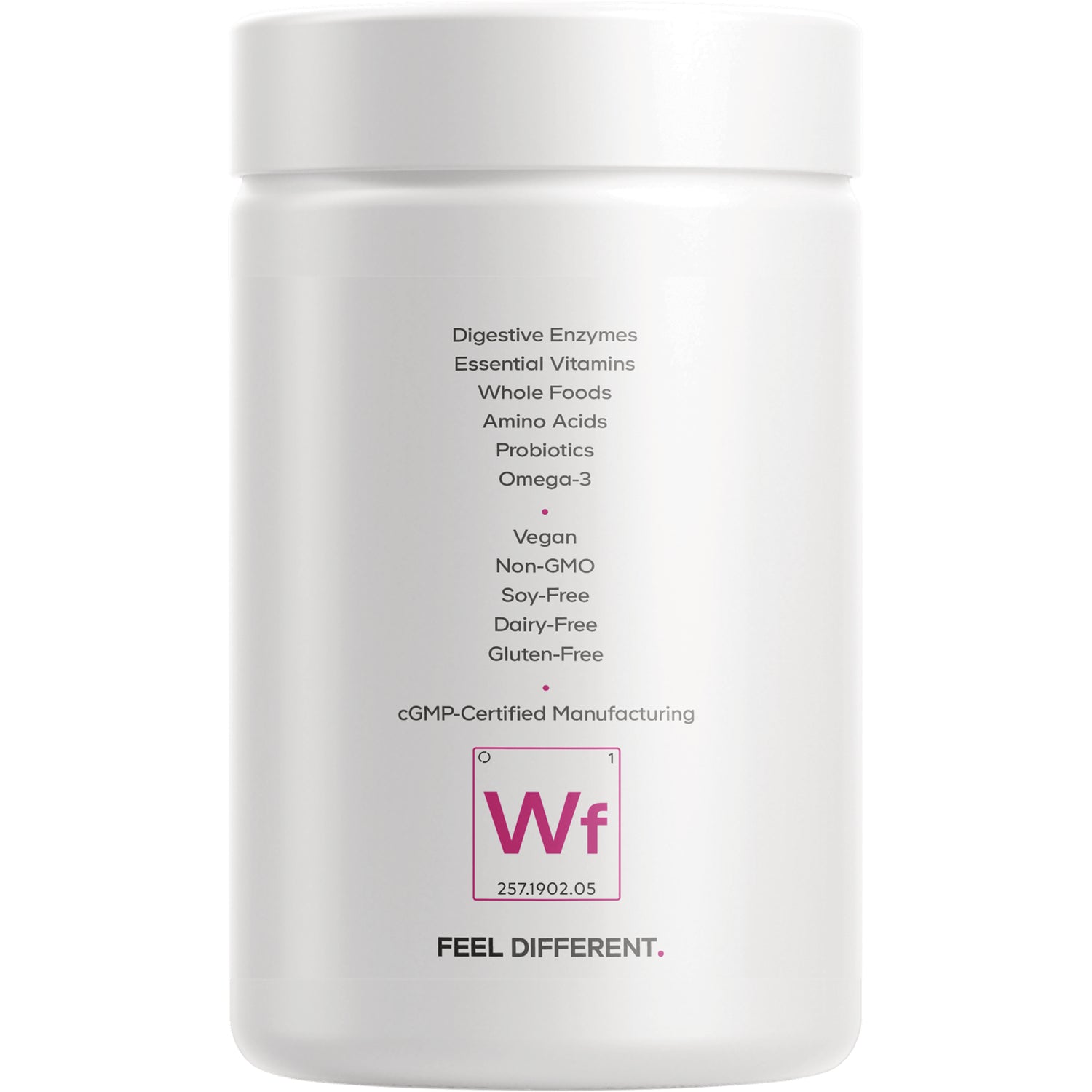 CDG016 | Back label of white supplement jar listing Digestive Enzymes, Essential Vitamins, Whole Foods, Vegan, Non-GMO, Gluten-Free, cGMP-Certified Manufacturing