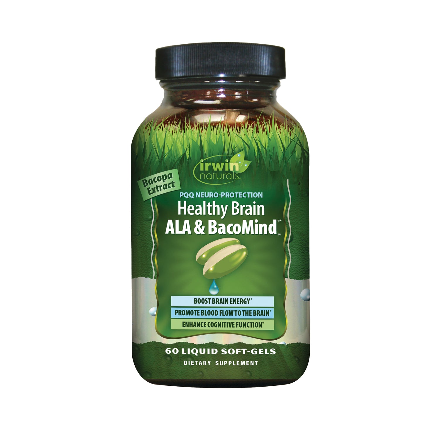 IR295 | Irwin Naturals Healthy Brain ALA & BacoMind supplement bottle, 60 liquid soft-gels