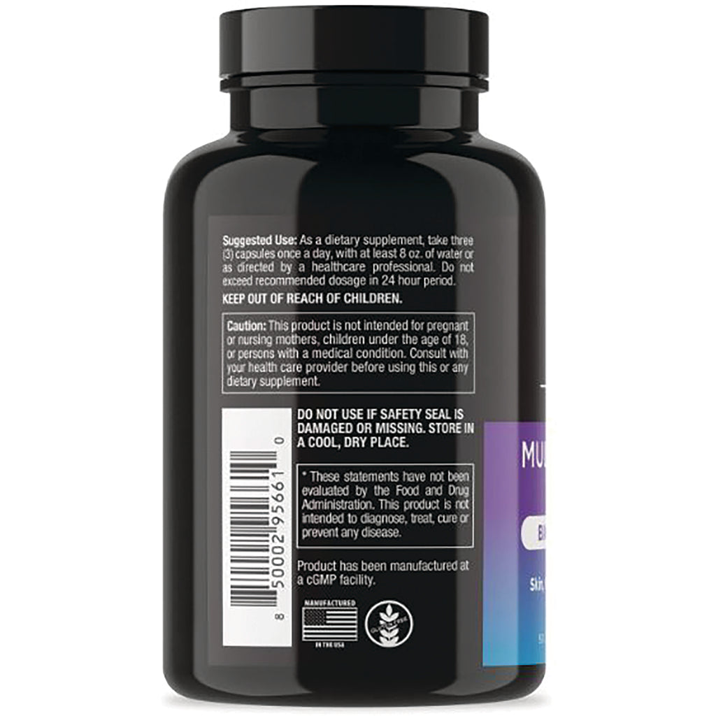 DRE002 | Back label of black supplement bottle showing usage directions, warnings and barcode - Thumbnail