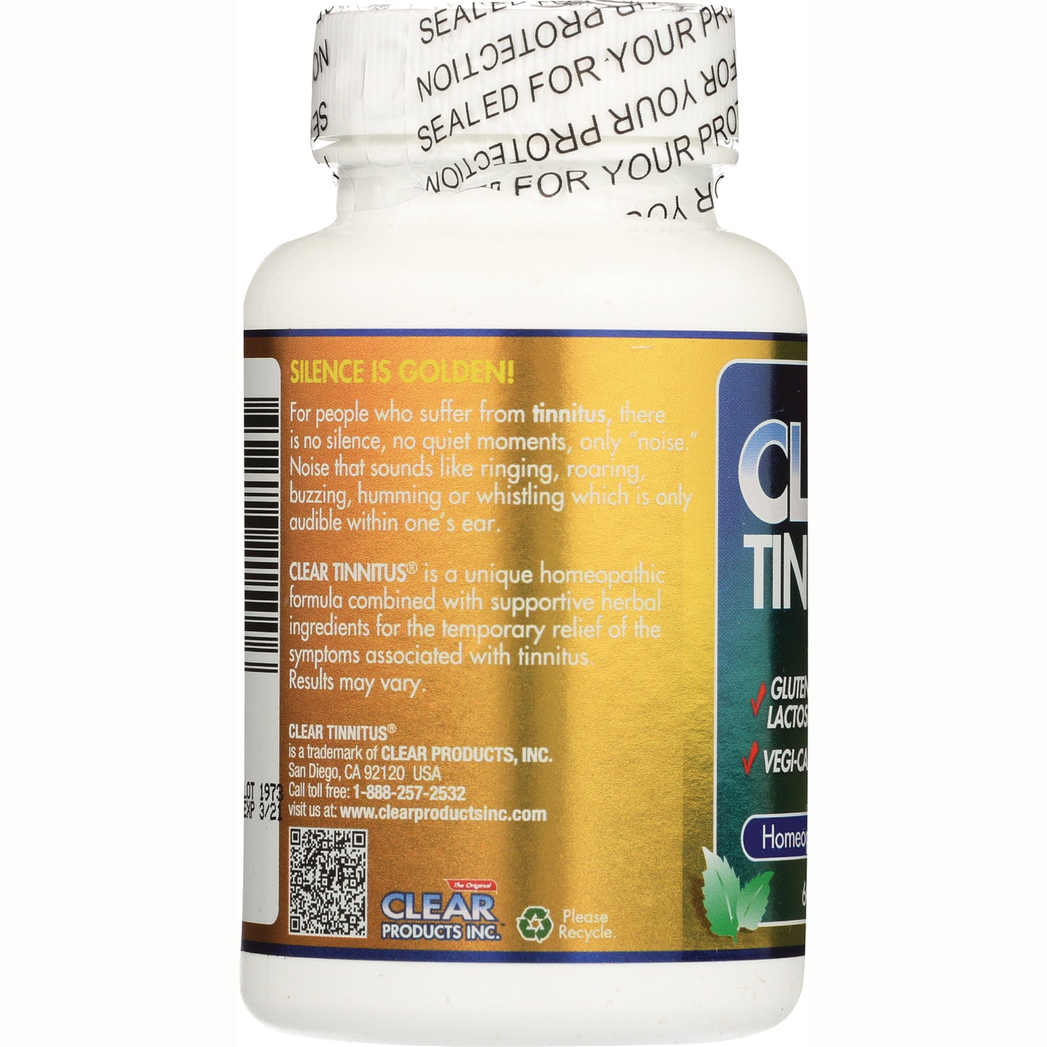 CLP009 | Back of white supplement bottle with gold label reading SILENCE IS GOLDEN!, barcode, QR code and tamper-evident cap