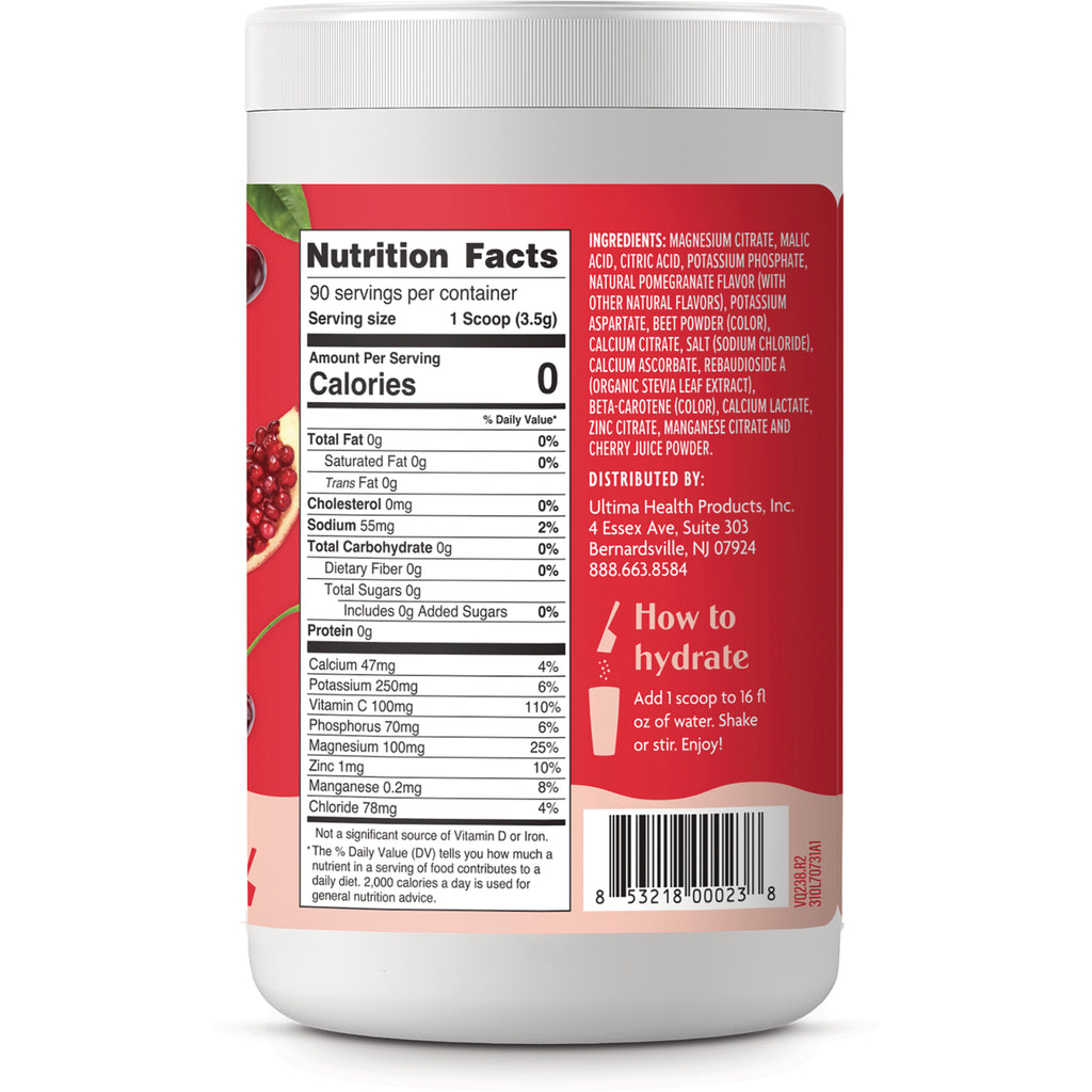 UHP023 | Back of Ultima Replenisher container showing Nutrition Facts, ingredients, barcode, and How to hydrate panel - Thumbnail