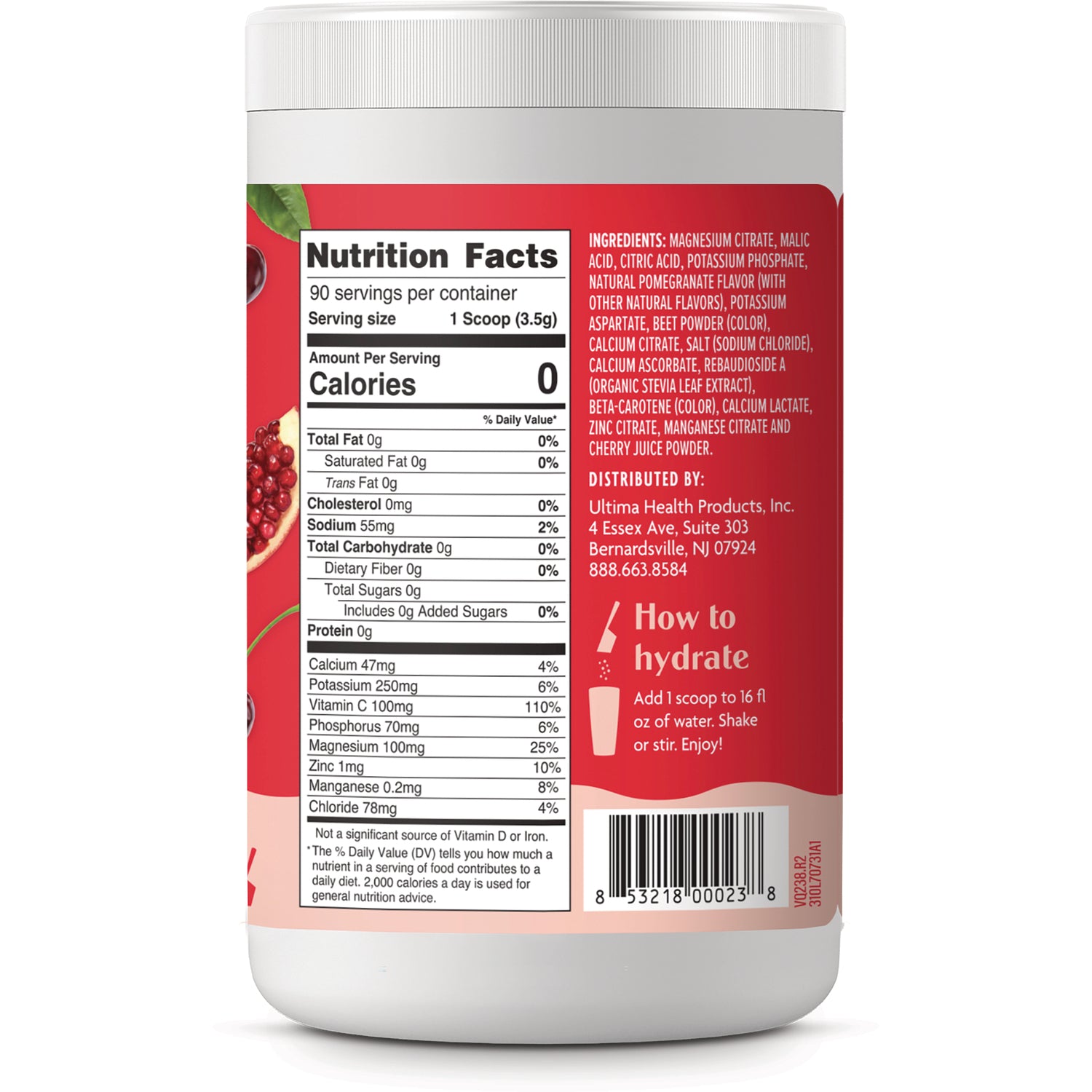 UHP023 | Back of Ultima Replenisher container showing Nutrition Facts, ingredients, barcode, and How to hydrate panel