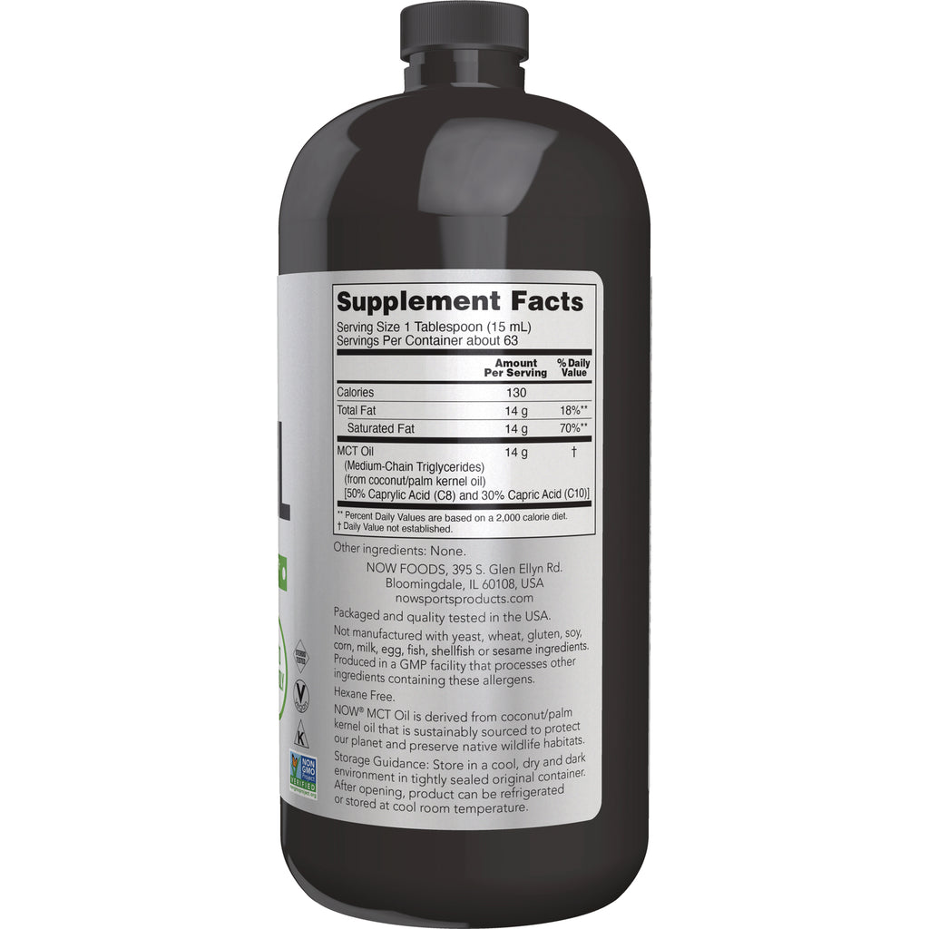 NWF331 | Back of dark bottle showing Supplement Facts label and ingredient and storage information for MCT oil - Thumbnail