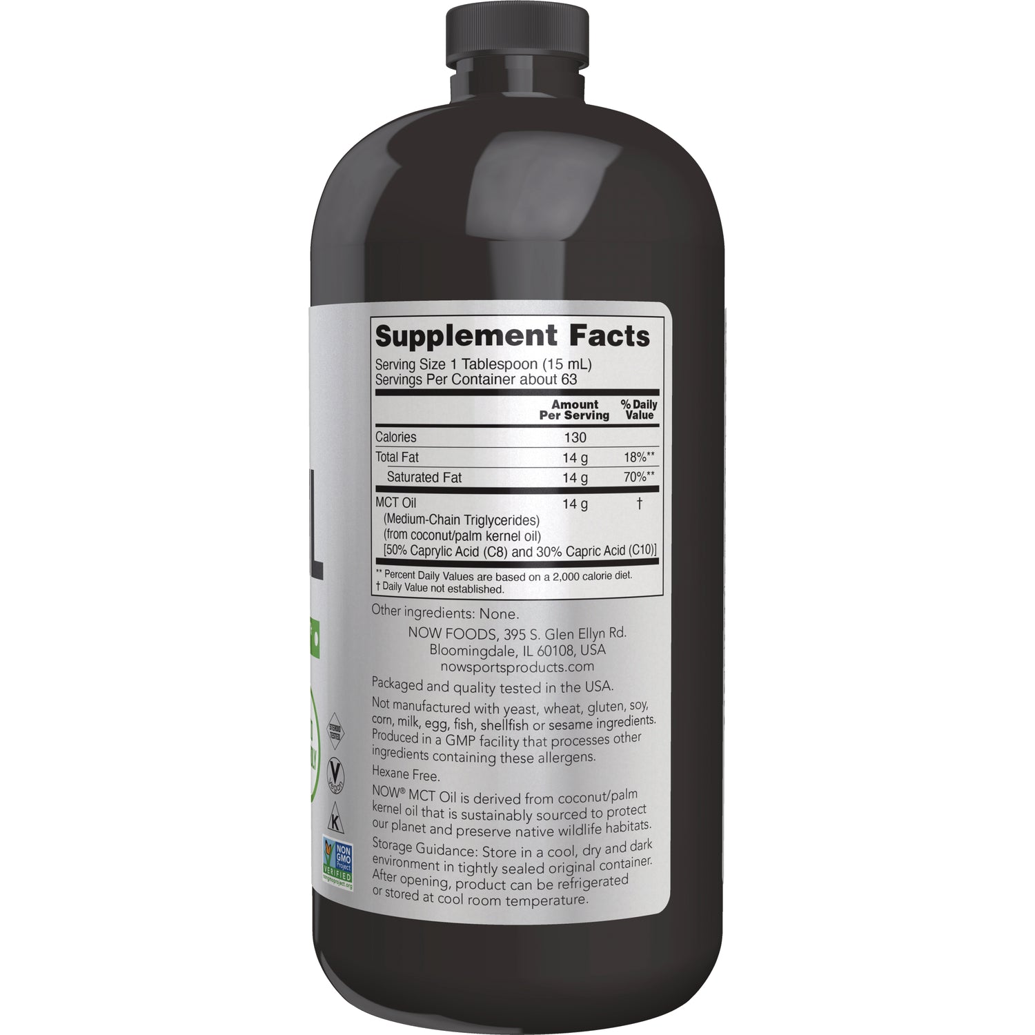 NWF331 | Back of dark bottle showing Supplement Facts label and ingredient and storage information for MCT oil