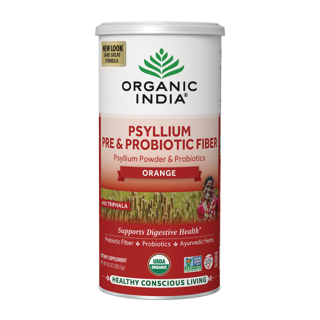 RGN112 | Organic India psyllium pre & probiotic fiber orange supplement can, front label with brand name and USDA Organic seal - Thumbnail