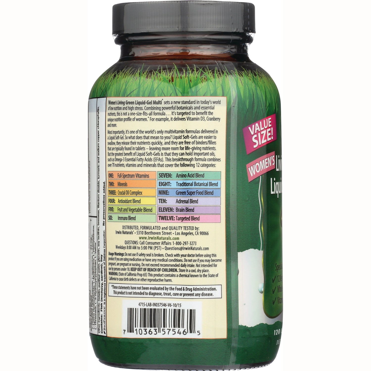 IR070 | back label of supplement bottle showing blend chart, ingredient and usage text, and barcode