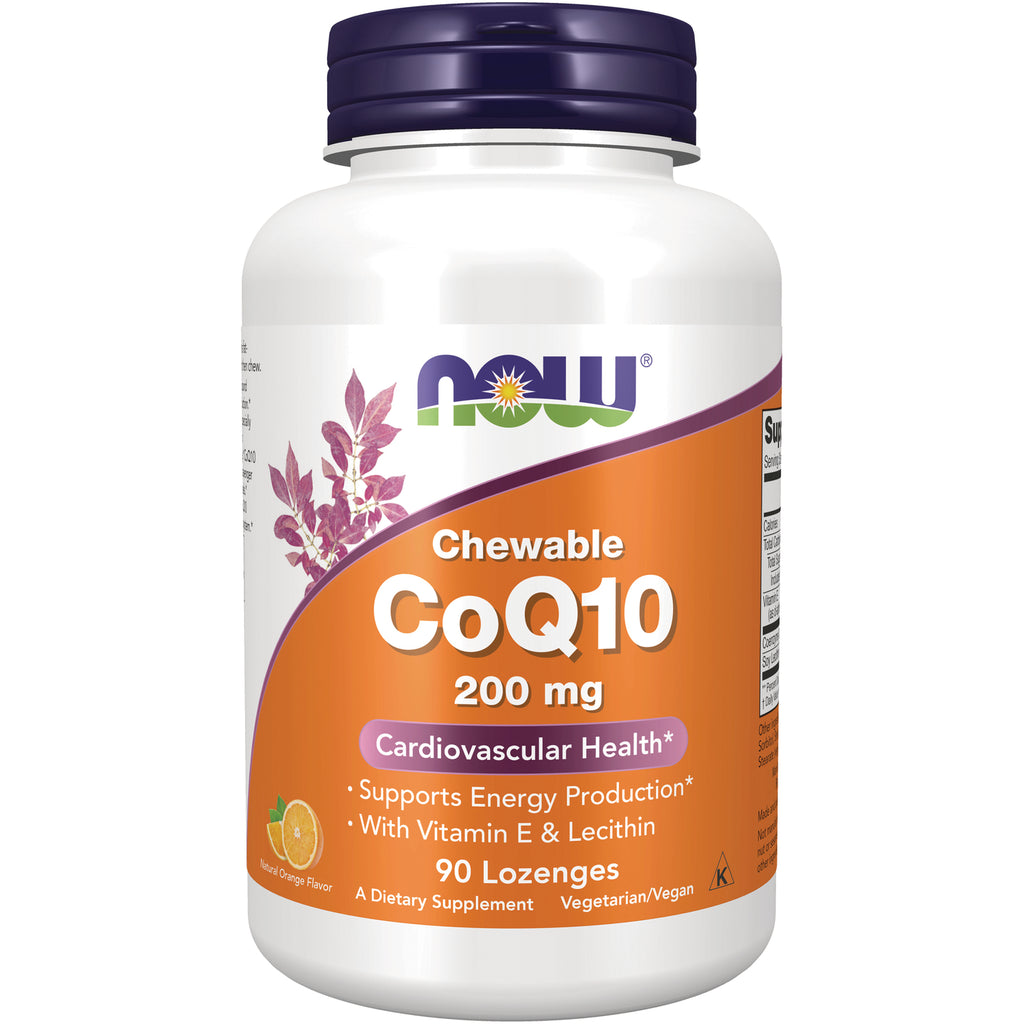 NWF205 | NOW Chewable CoQ10 200 mg bottle, 90 orange-flavored lozenges, front label showing cardiovascular health - Thumbnail