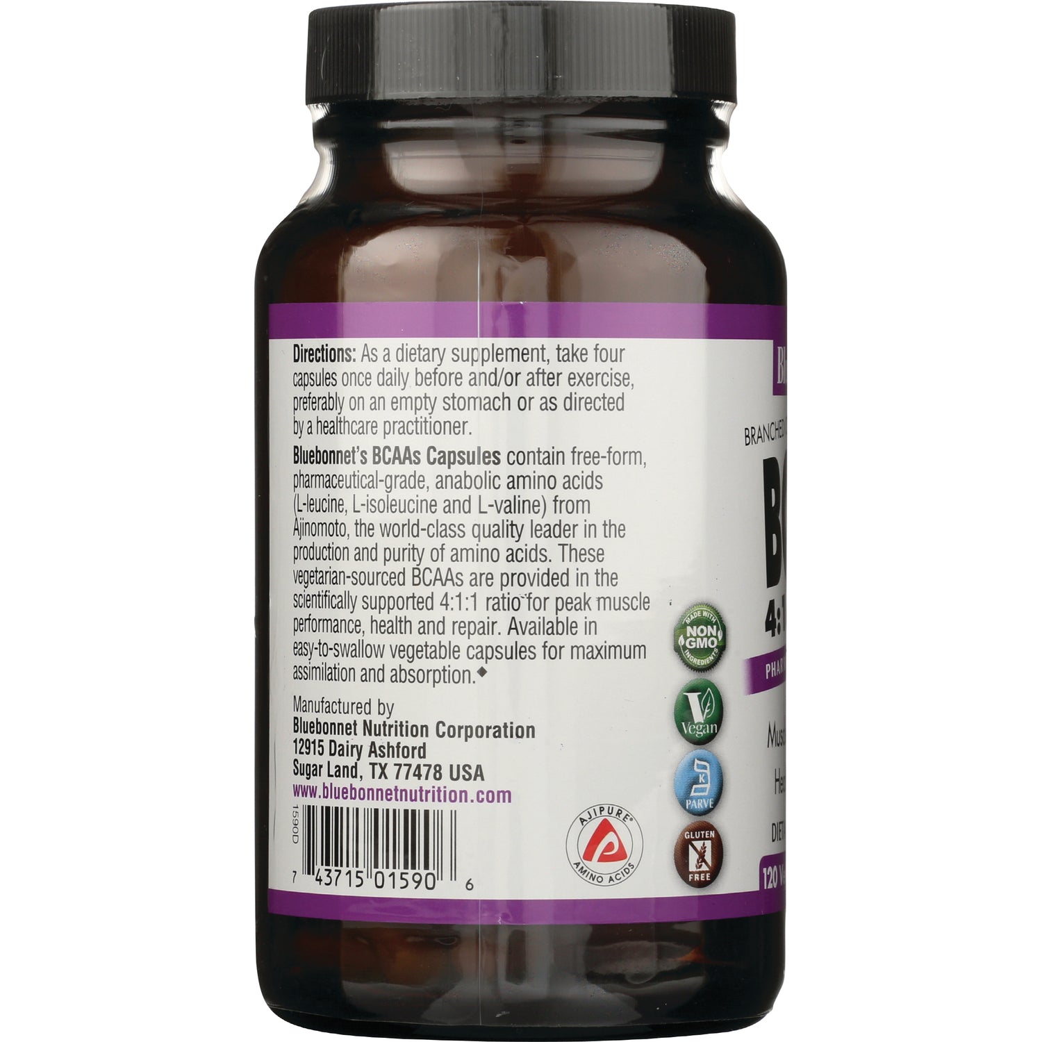 BLU053 | Back of amber supplement bottle showing directions and product information text, certification icons and barcode