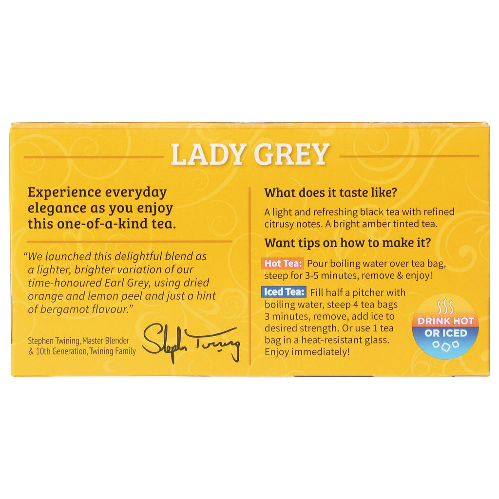 TWN015 | Lady Grey black tea box back panel with taste notes and brewing tips for hot and iced tea - Thumbnail