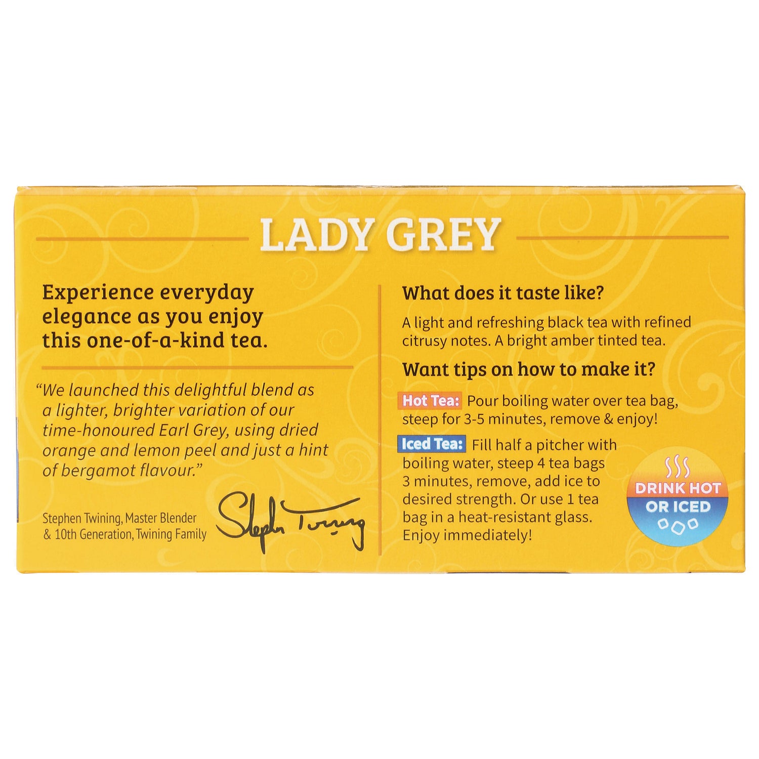 TWN015 | Lady Grey black tea box back panel with taste notes and brewing tips for hot and iced tea