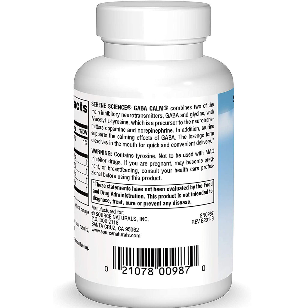 SN111 | Back label of Serene Science GABA Calm supplement bottle with warning, FDA disclaimer, and barcode - Thumbnail
