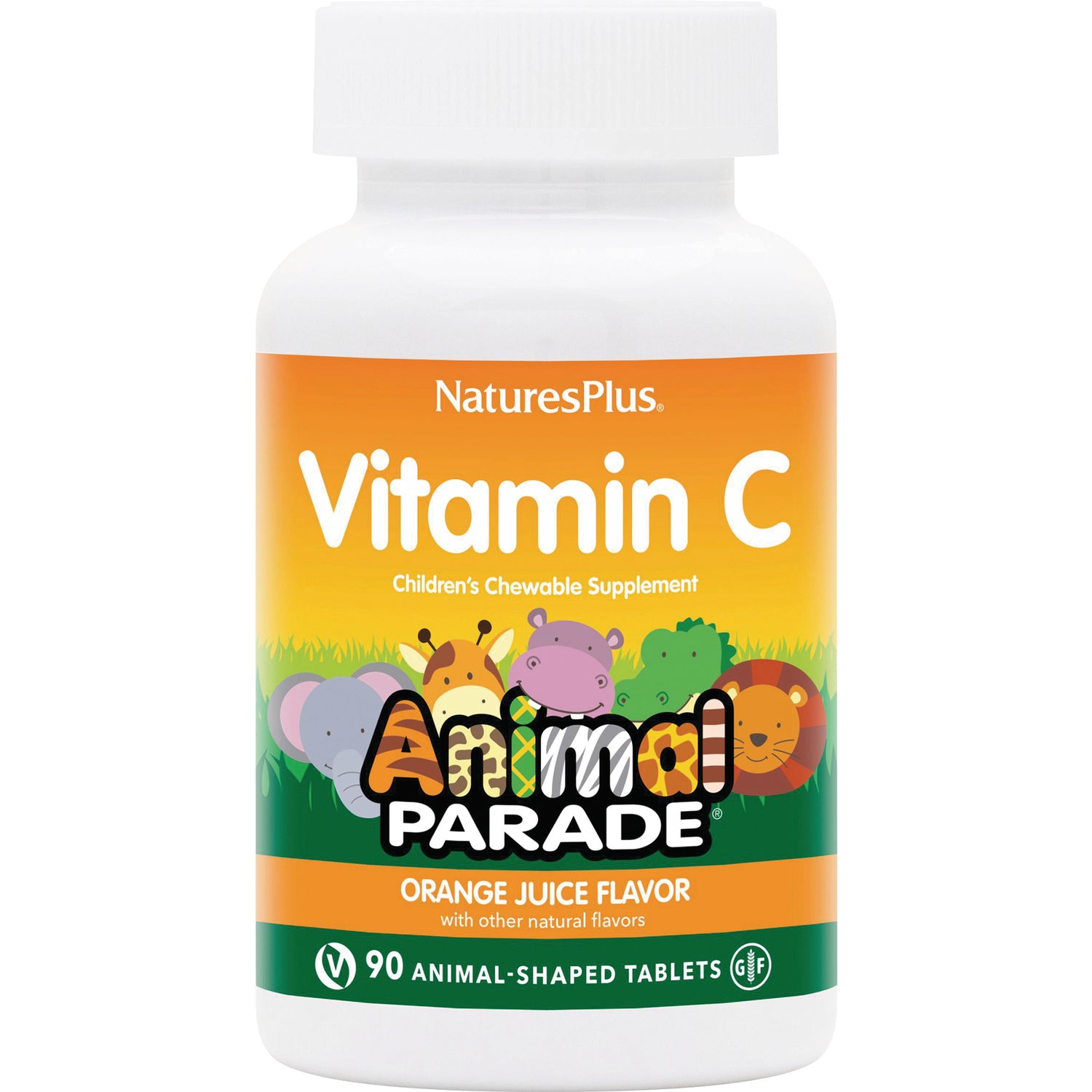 NTP009 | NaturesPlus Vitamin C children's chewable supplement Animal Parade, orange juice flavor bottle, 90 animal-shaped tablets