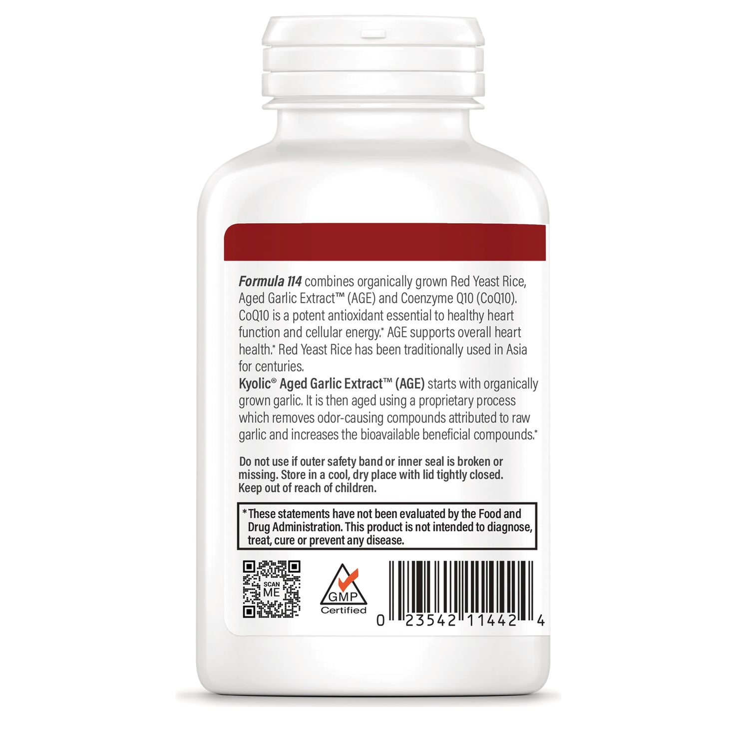 KY145 | back label of white supplement bottle showing product description, warnings, QR code, barcode and GMP Certified logo