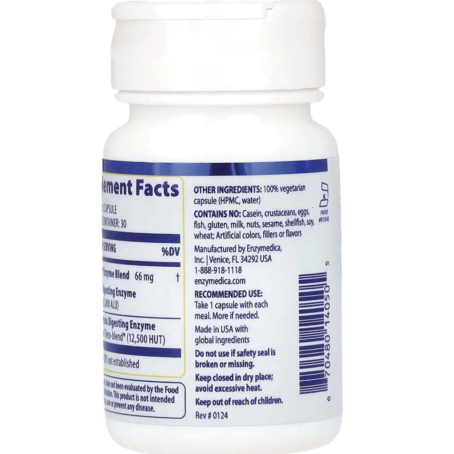EMD056 | Back of white supplement bottle showing supplement facts, ingredient statements, recommended use text and barcode