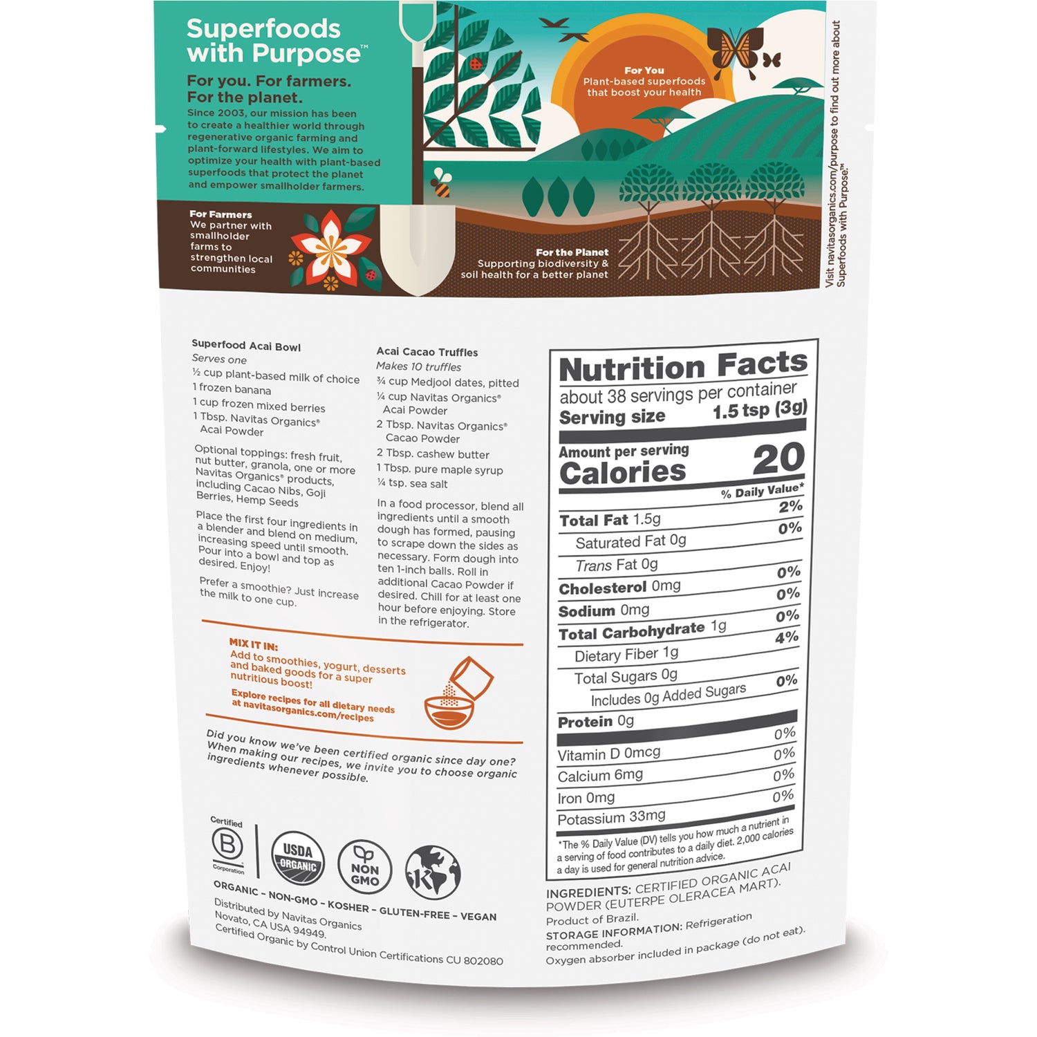NAV038 | back of pouch showing nutrition facts, ingredients and recipe suggestions