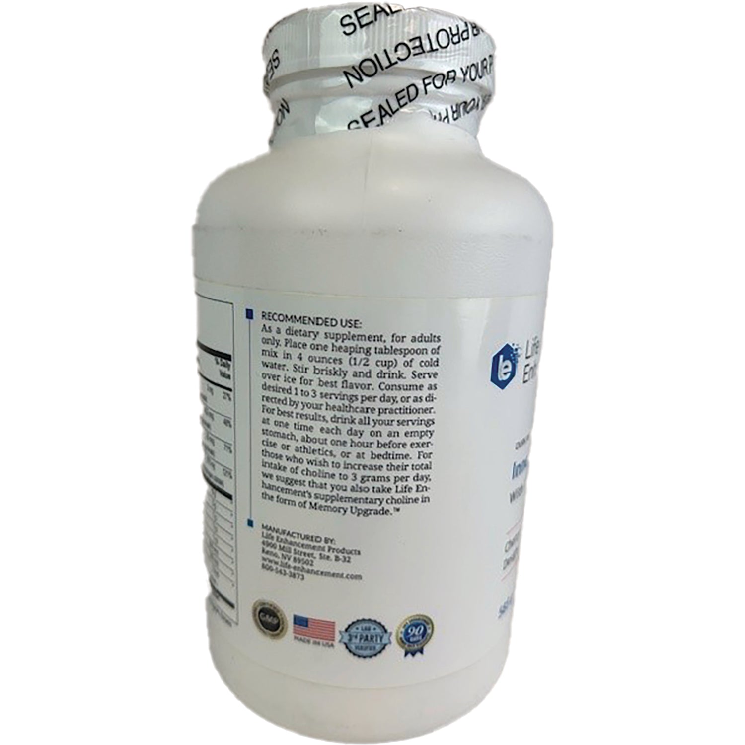 LEN019 | back of white supplement bottle showing recommended use text, nutrition panel edge and certification seals