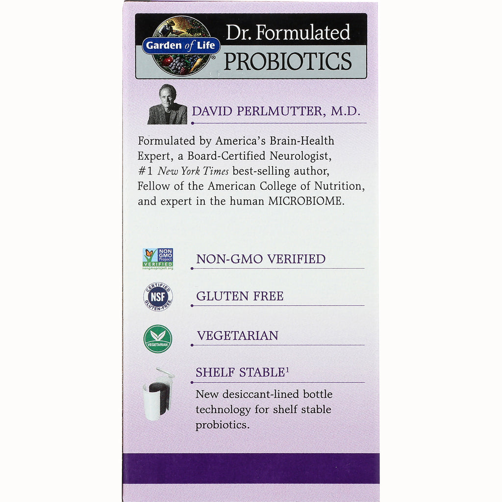 GLF222 | Back of Dr. Formulated Probiotics box labeled NON-GMO VERIFIED, GLUTEN FREE, VEGETARIAN, SHELF STABLE - Thumbnail