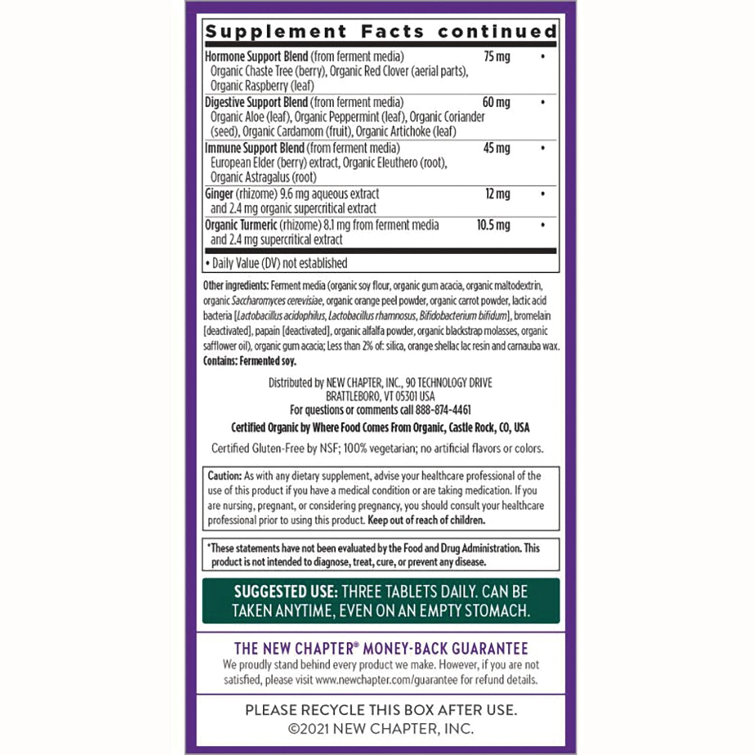 NWC142 | back label showing supplement facts, ingredients, suggested use, caution, and recycling information