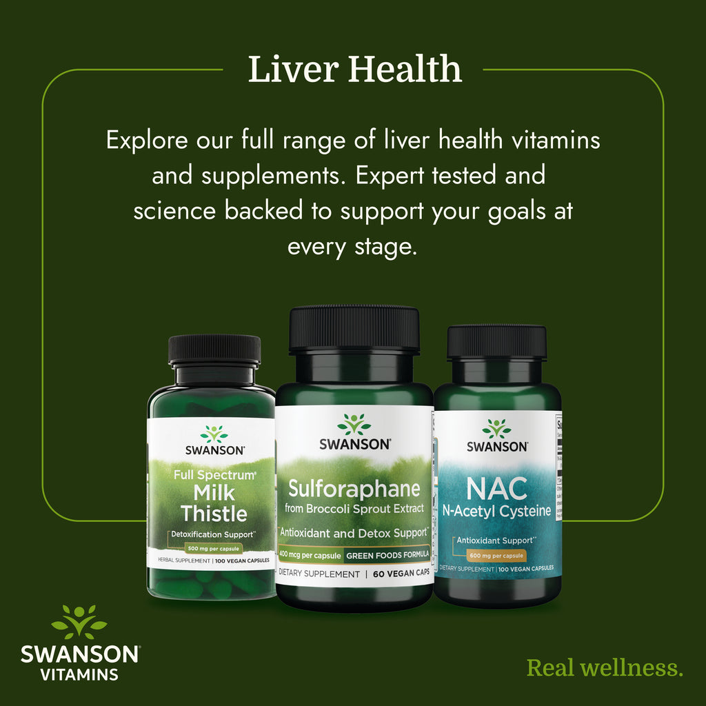 SWR048 | Swanson liver health vitamins and supplements featuring Milk Thistle, Sulforaphane, and NAC bottles - Thumbnail