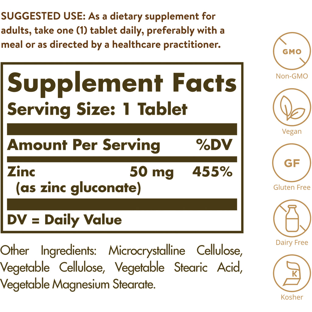 SLG309 | supplement facts panel: serving size 1 tablet; Zinc 50 mg (455% DV); other ingredients and Non-GMO, Vegan, Gluten Free, Dairy Free, Kosher icons - Thumbnail