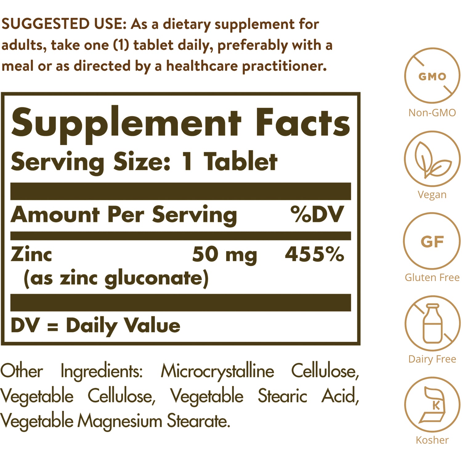 SLG309 | supplement facts panel: serving size 1 tablet; Zinc 50 mg (455% DV); other ingredients and Non-GMO, Vegan, Gluten Free, Dairy Free, Kosher icons