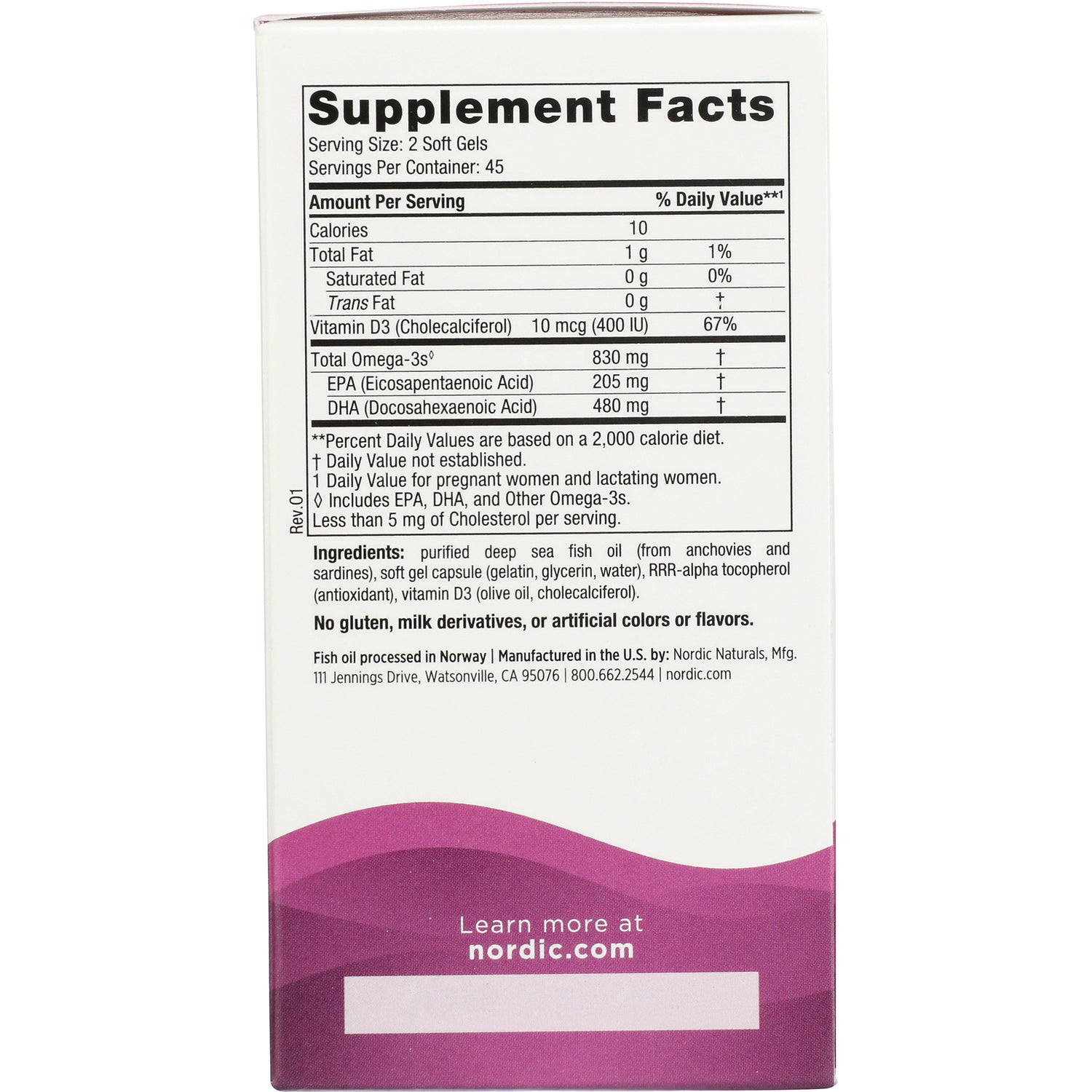 NRN037 | back panel with Supplement Facts, ingredients, and nordic.com contact on fish oil box