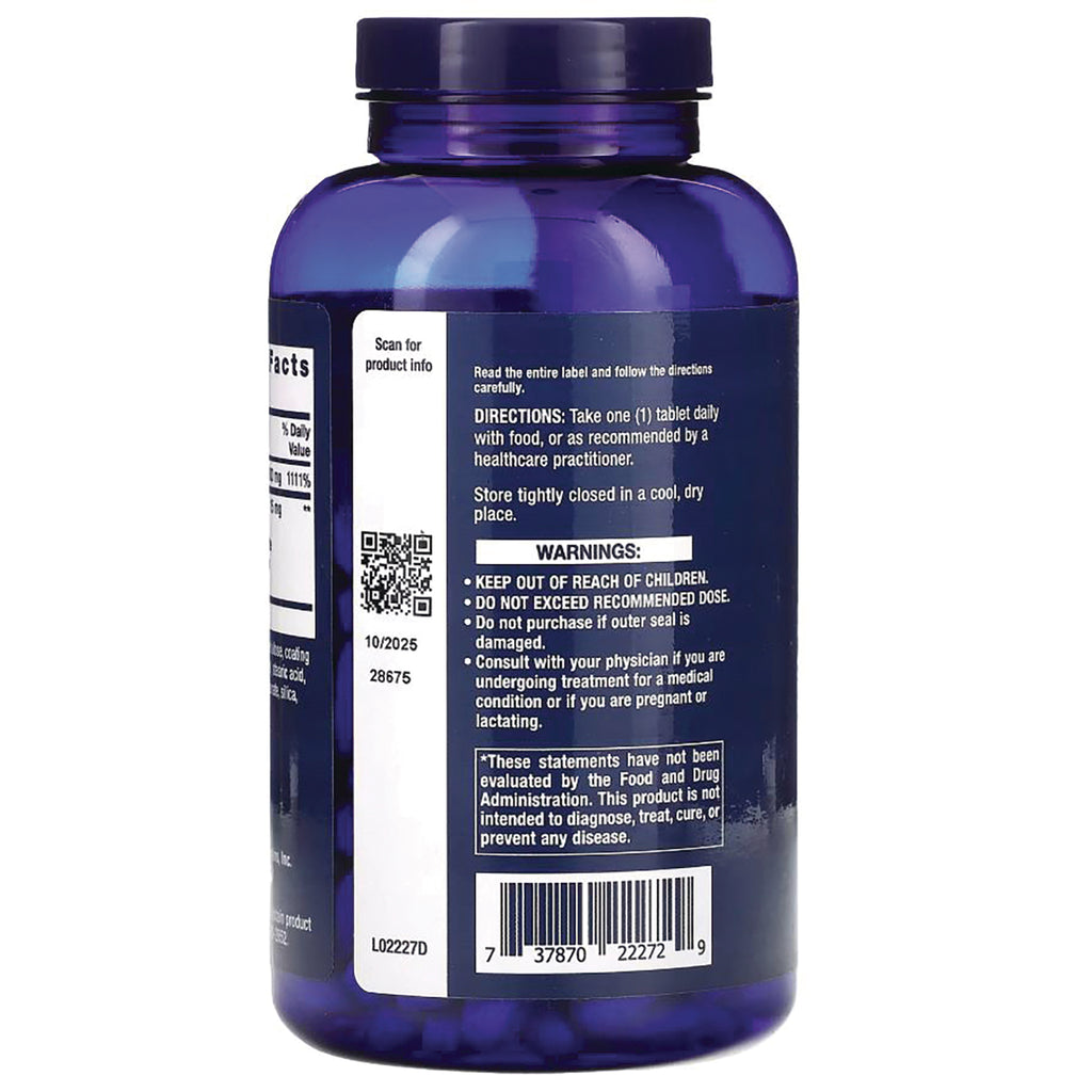 LE458 | Back of blue supplement bottle showing directions, warnings, barcode, and QR code - Thumbnail