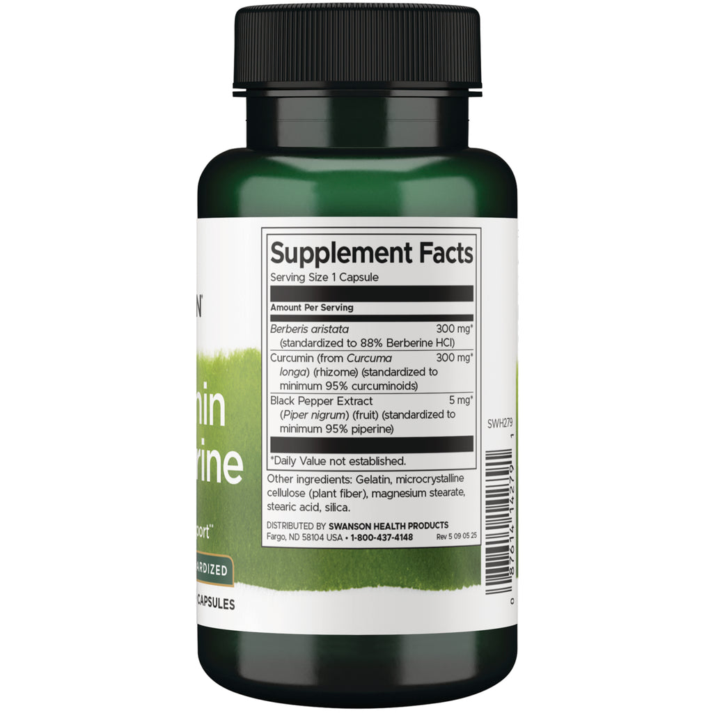 SWH279 | Back label with Supplement Facts; berberine 300 mg, curcumin 300 mg, black pepper extract 5 mg - Thumbnail
