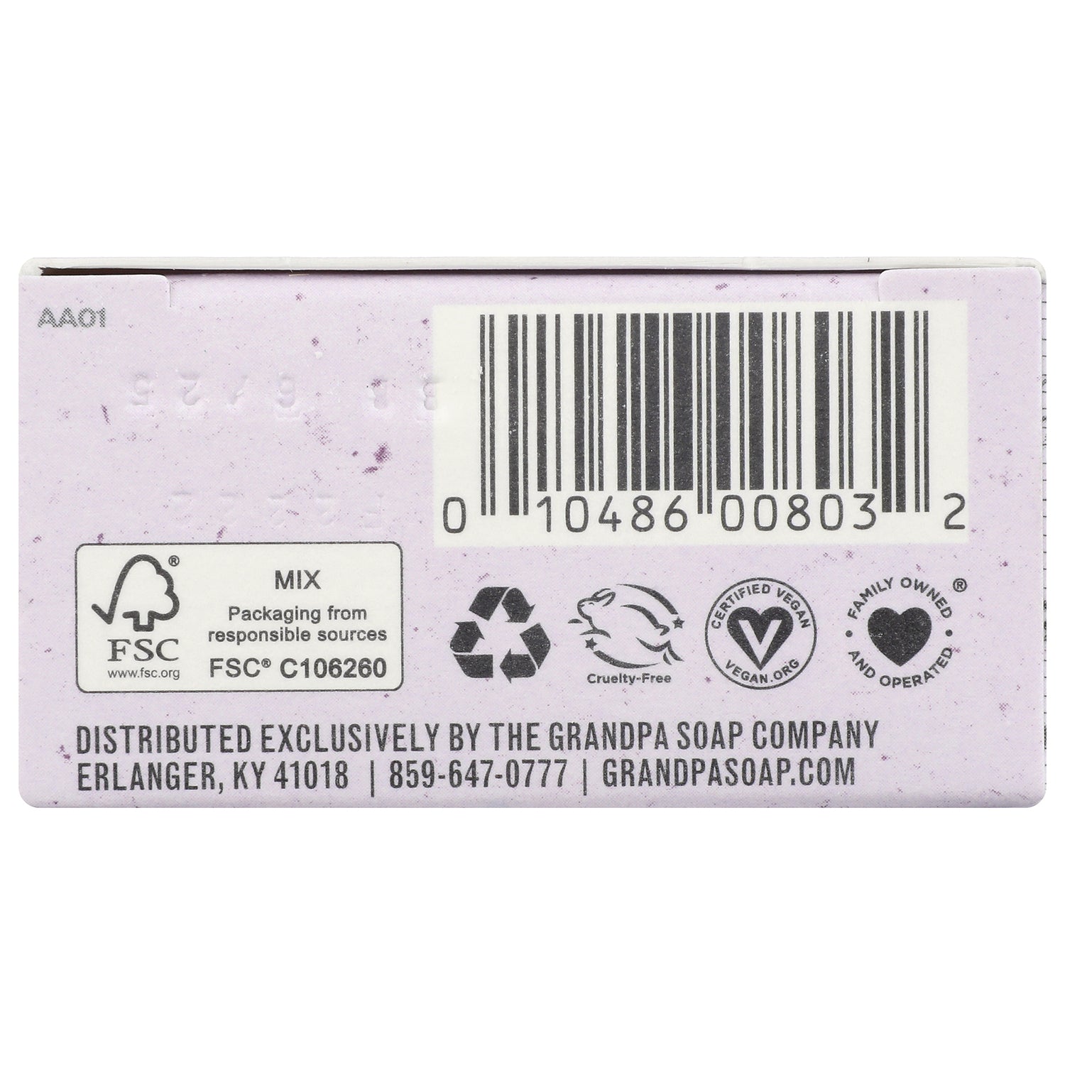 GP027 | product infographic of back packaging showing barcode, recycling, FSC, cruelty-free and certified vegan icons and distributor text