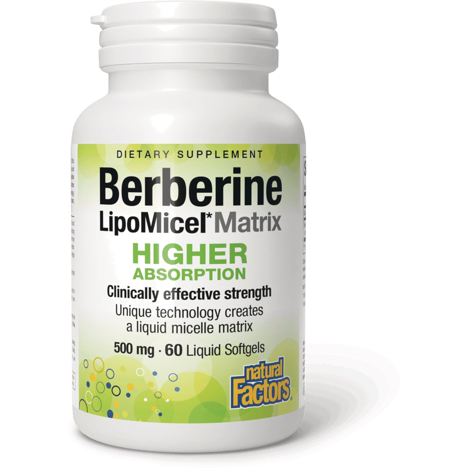 NFC211 | Berberine LipoMicel Matrix dietary supplement bottle labeled Higher Absorption, 500 mg 60 liquid softgels, Natural Factors