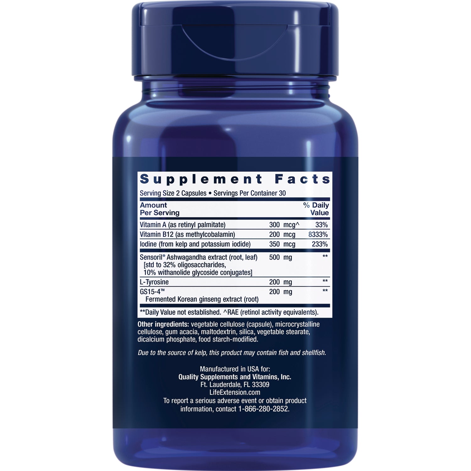 LE393 | Back label showing Supplement Facts panel and ingredients on blue supplement bottle